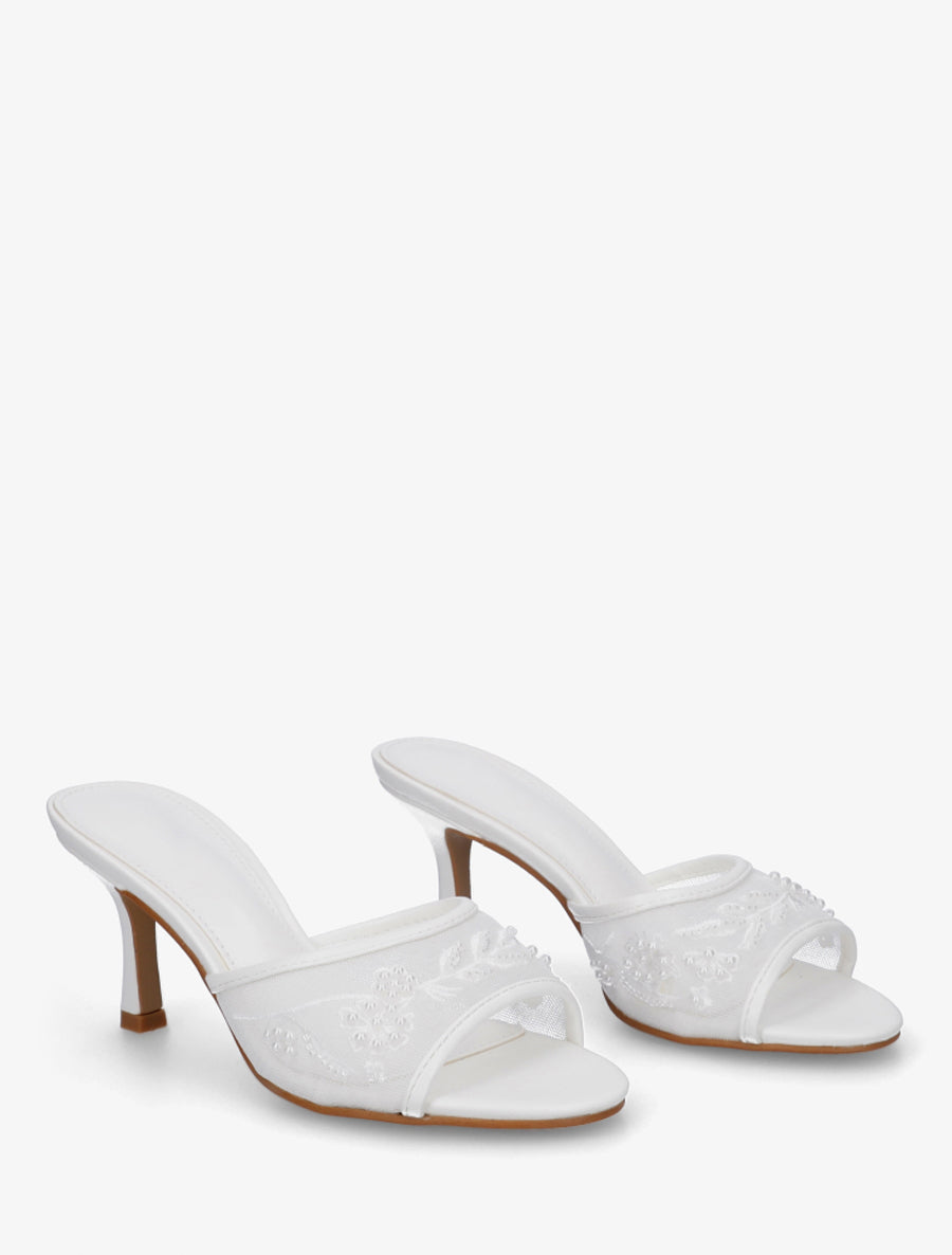 Mules en tissu brodées et perles - Blanc - 4