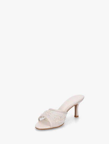 Mules en tissu brodées et perles - Beige - 3