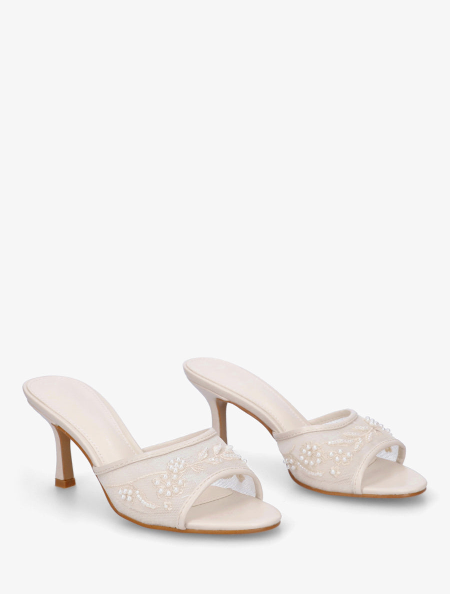 Mules en tissu brodées et perles - Beige - 4