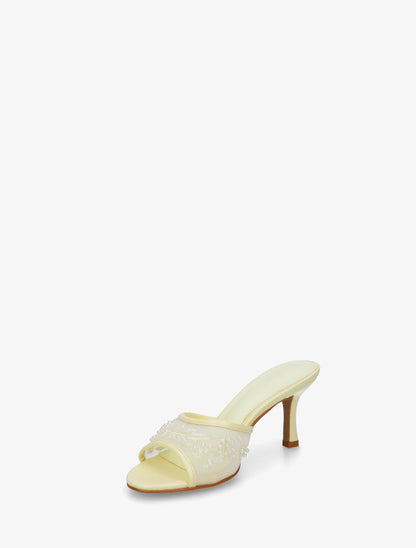 Mules en tissu brodées et perles - Jaune pastel - 3