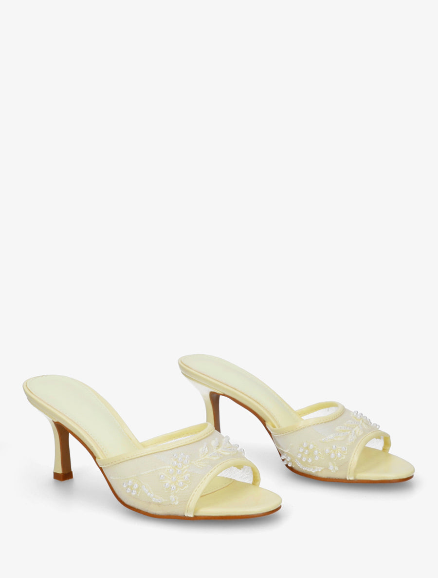 Mules en tissu brodées et perles - Jaune pastel - 4