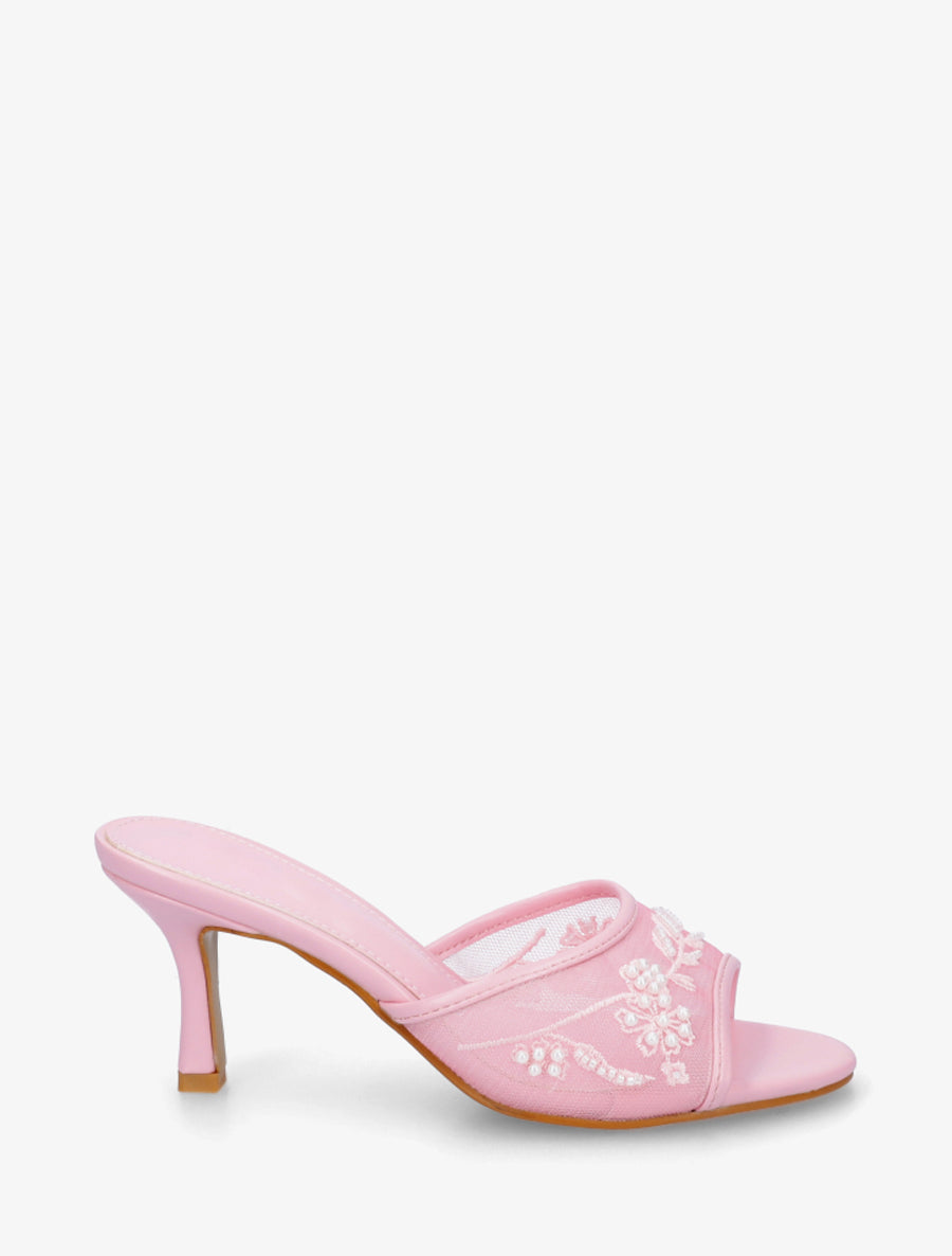 Mules en tissu brodées et perles - Rose - 1
