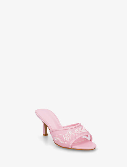 Mules en tissu brodées et perles - Rose - 2