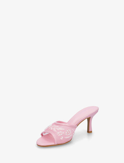 Mules en tissu brodées et perles - Rose - 3