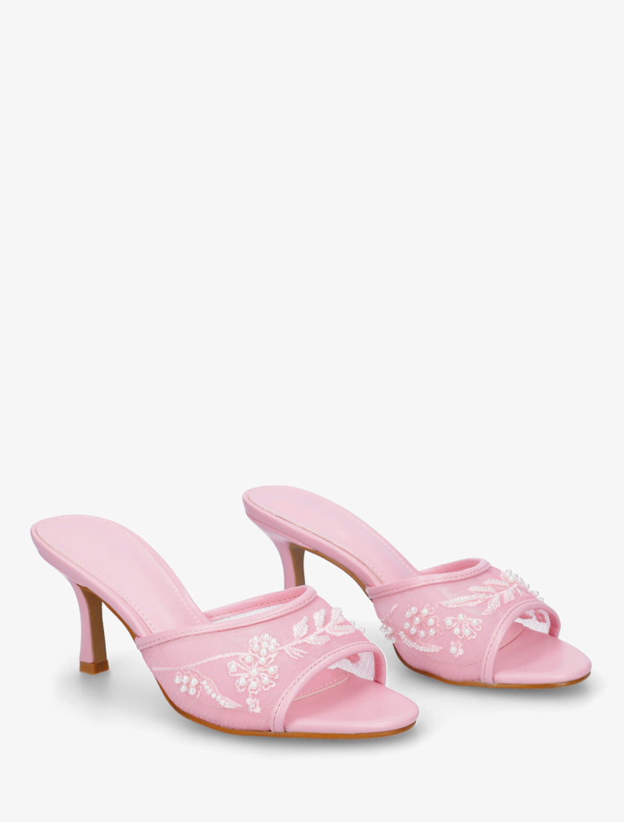 Mules en tissu brodées et perles - Rose - 4