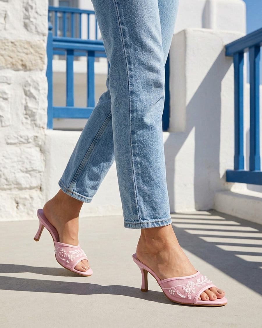 Mules en tissu brodées et perles - Rose
