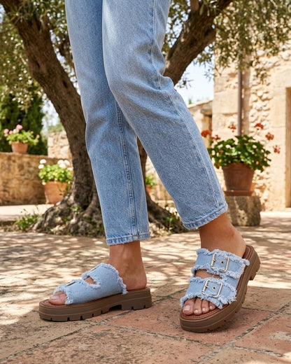 Claquettes à double boucles en tissu effiloché - Bleu ciel