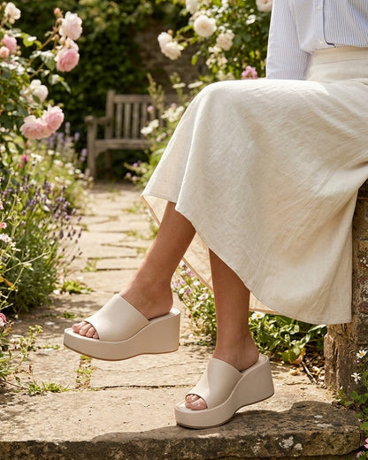 Mules compensées unies en simili - Beige