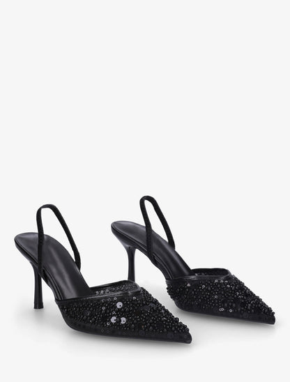 Escarpins effet mesh ornées de perles et sequins - Noir - 4