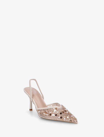 Escarpins effet mesh ornées de perles et sequins - Beige - 2