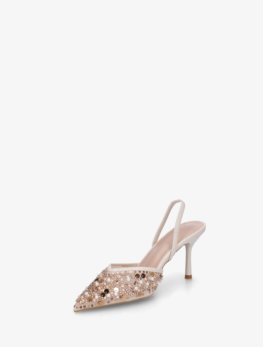 Escarpins effet mesh ornées de perles et sequins - Beige - 3