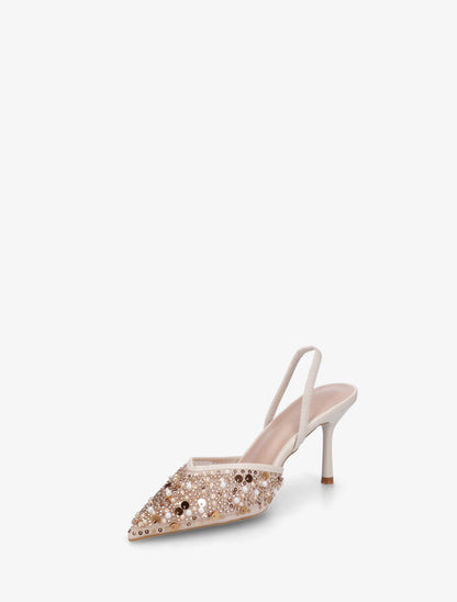 Escarpins effet mesh ornées de perles et sequins - Beige - 3