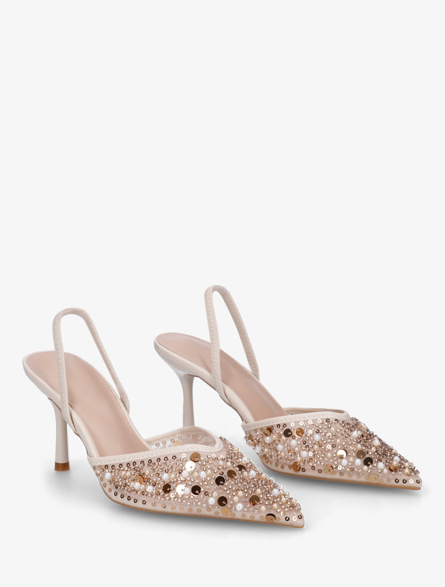 Escarpins effet mesh ornées de perles et sequins - Beige - 4