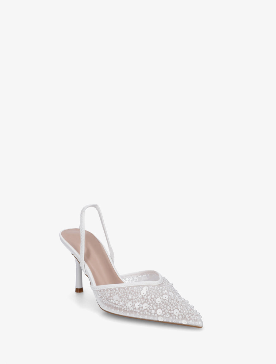 Escarpins effet mesh ornées de perles et sequins - Blanc - 2