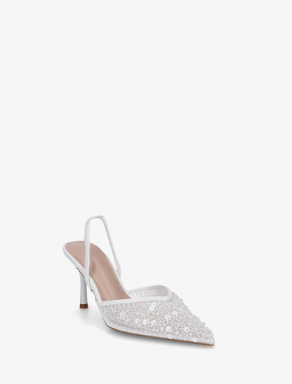 Escarpins effet mesh ornées de perles et sequins - Blanc - 2