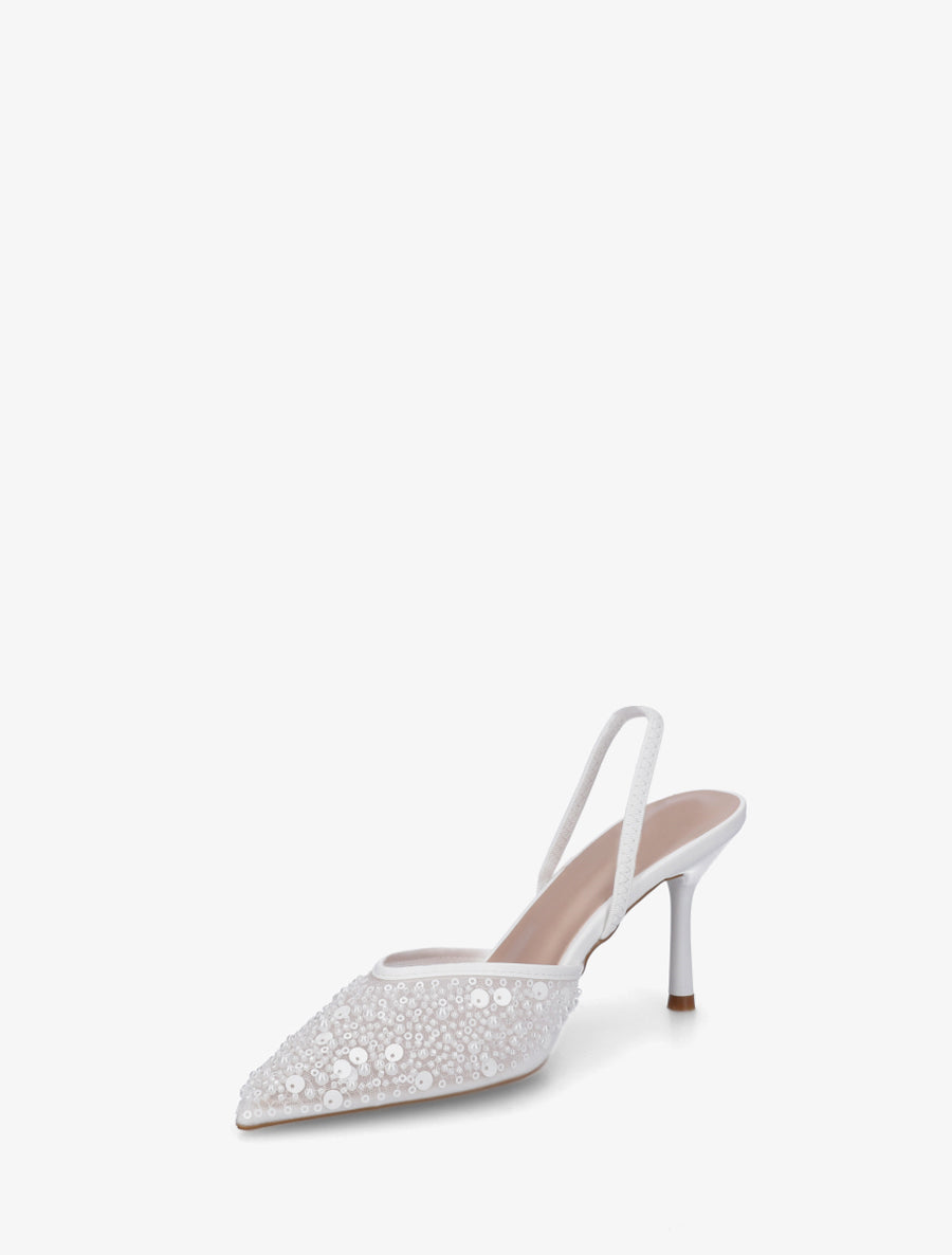 Escarpins effet mesh ornées de perles et sequins - Blanc - 3