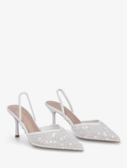 Escarpins effet mesh ornées de perles et sequins - Blanc - 4