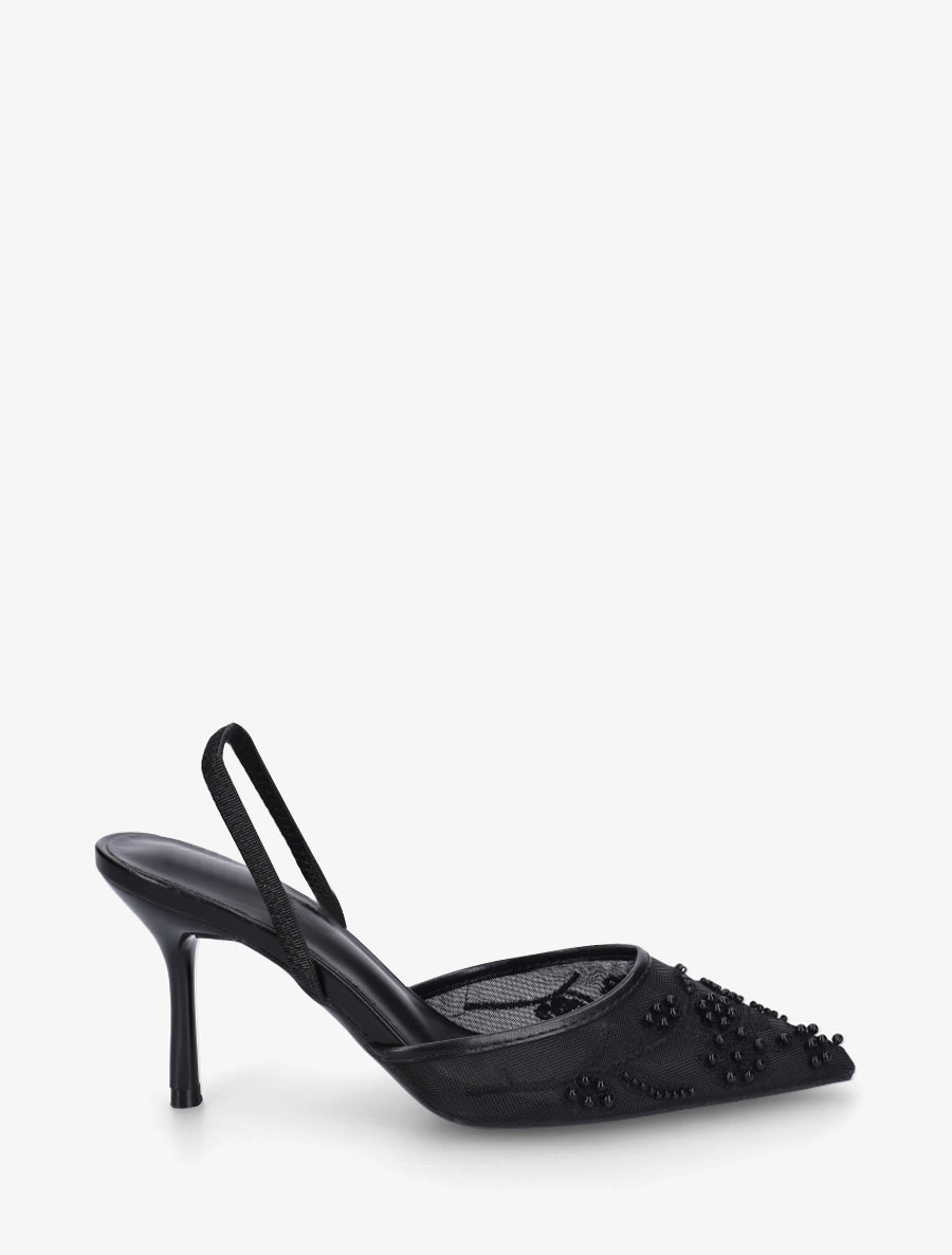 Escarpins effet mesh à broderies et perles - Noir - 1