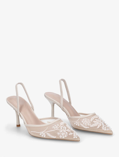 Escarpins effet mesh à broderies et perles - Beige - 4