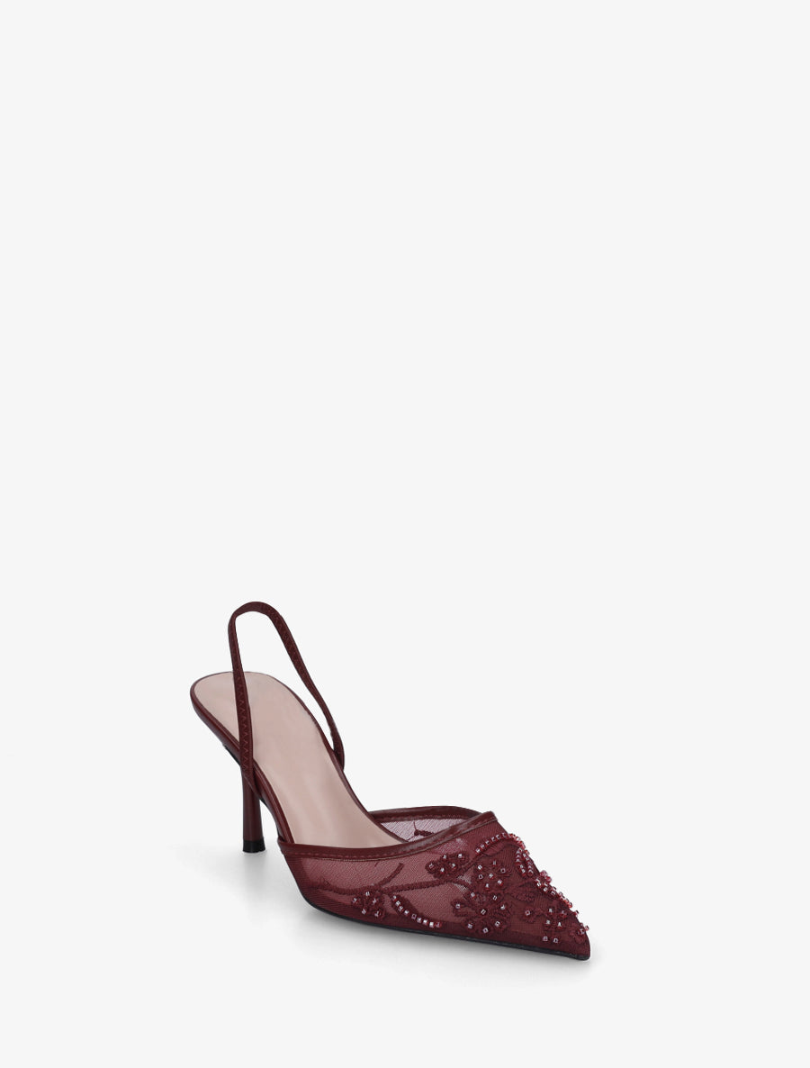 Escarpins effet mesh à broderies et perles - Bordeaux - 2