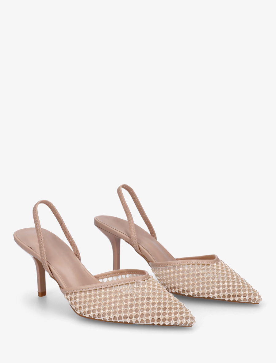 Escarpins effet mesh ornées de perles - Nude - 4