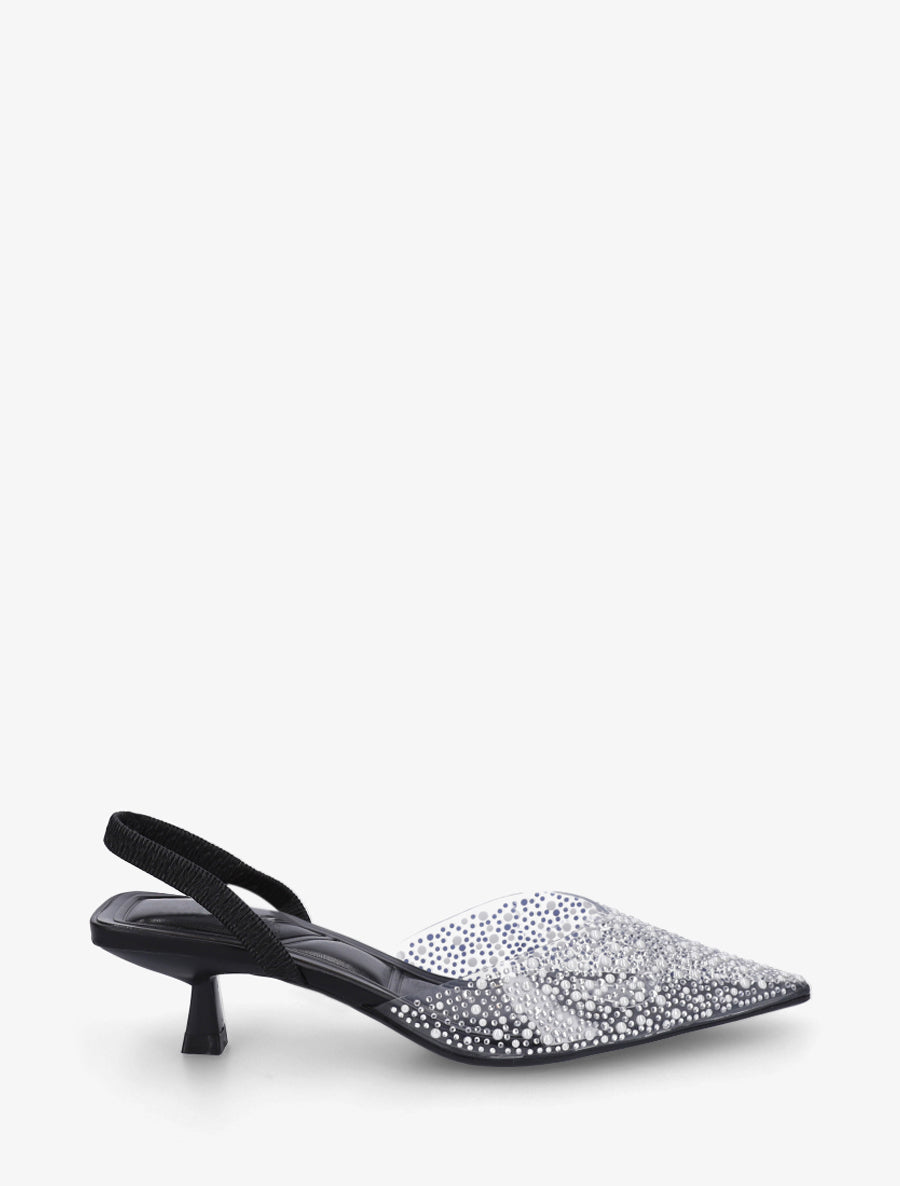 Escarpins à talon ouvert et ganse transparente à strass - Noir - 1