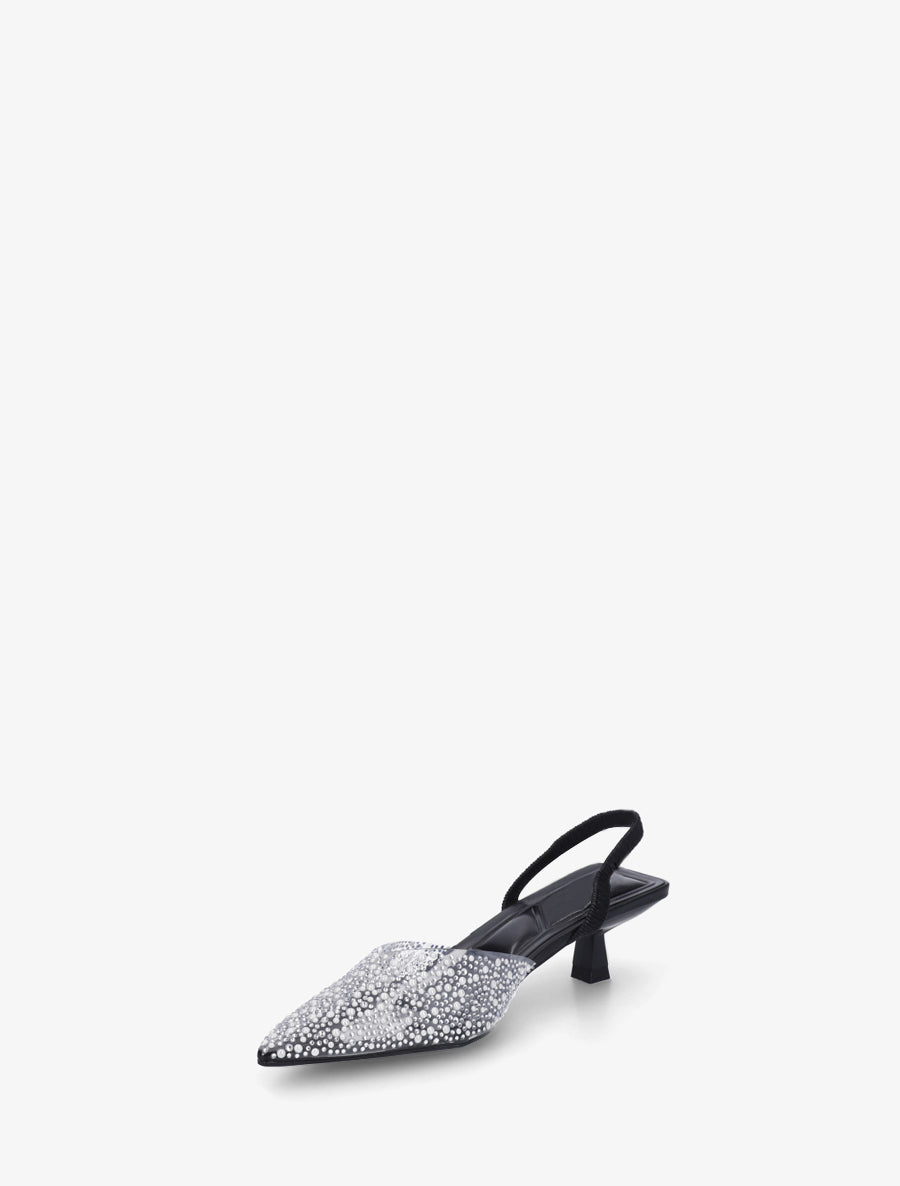 Escarpins à talon ouvert et ganse transparente à strass - Noir - 3