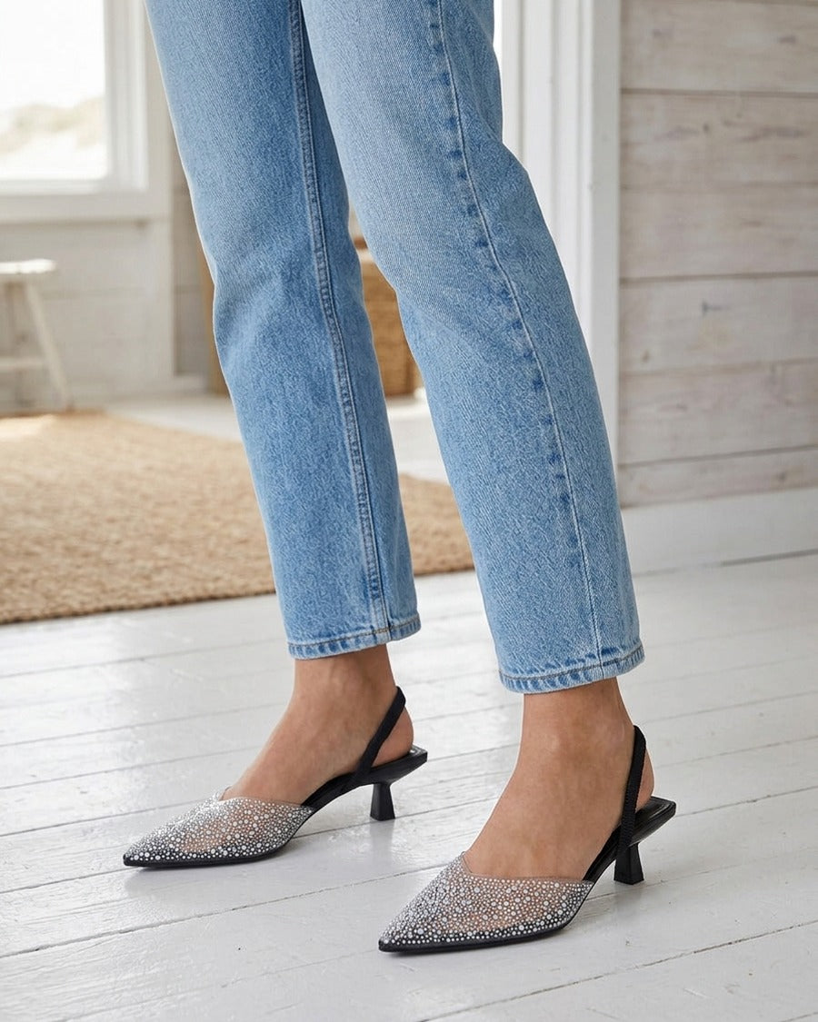 Escarpins à talon ouvert et ganse transparente à strass - Noir