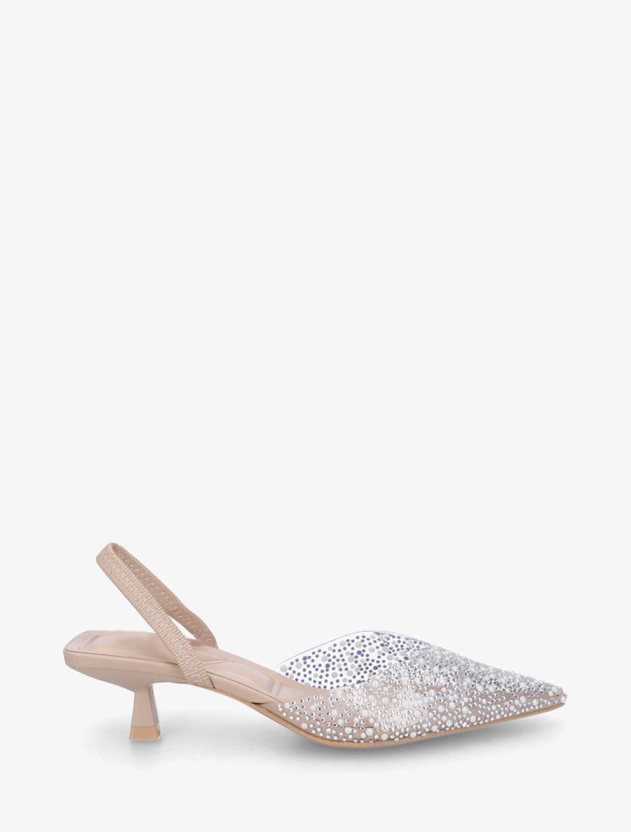 Escarpins à talon ouvert et ganse transparente à strass - Beige - 1