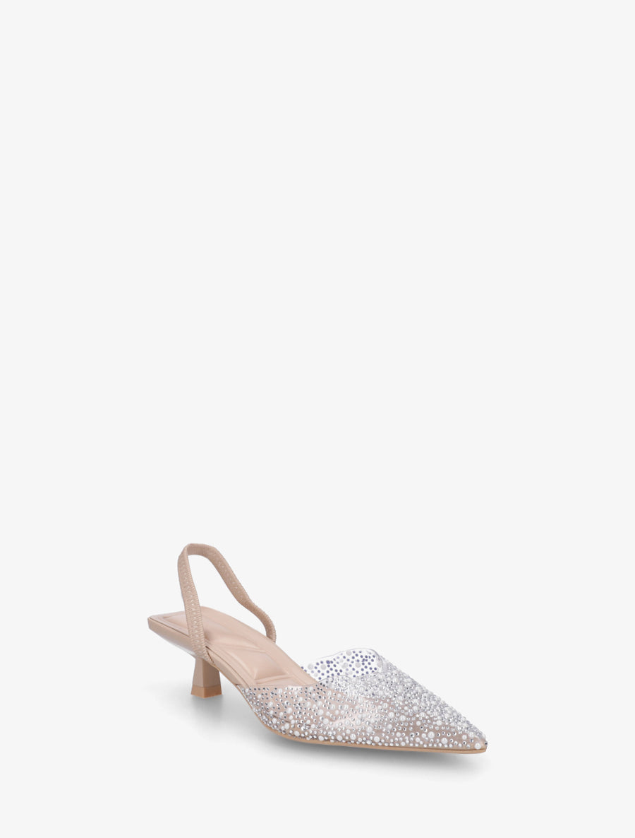Escarpins à talon ouvert et ganse transparente à strass - Beige - 2