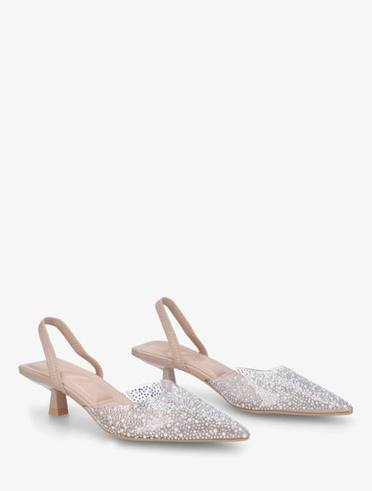 Escarpins à talon ouvert et ganse transparente à strass - Beige - 4