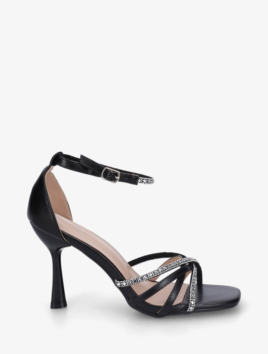 Sandales en simili à brides ornées de strass - Noir - 1