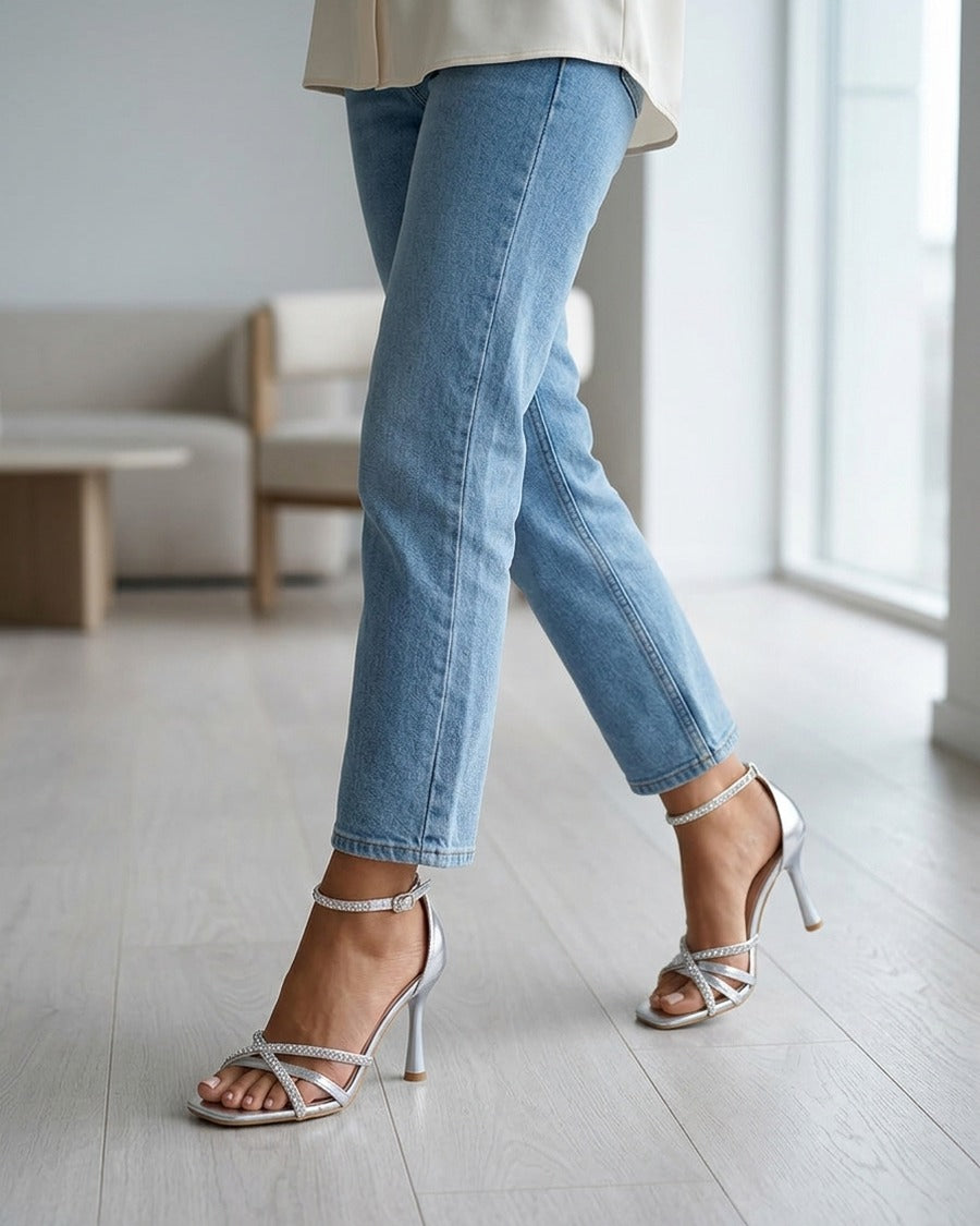 Sandales en simili à brides ornées de strass - Argent