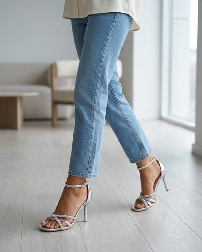 Sandales en simili à brides ornées de strass - Argent