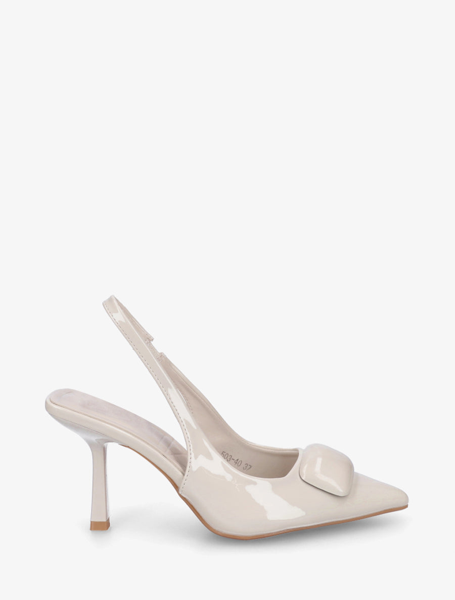 Escarpins à talon ouvert et empiècement bijou - Beige - 1