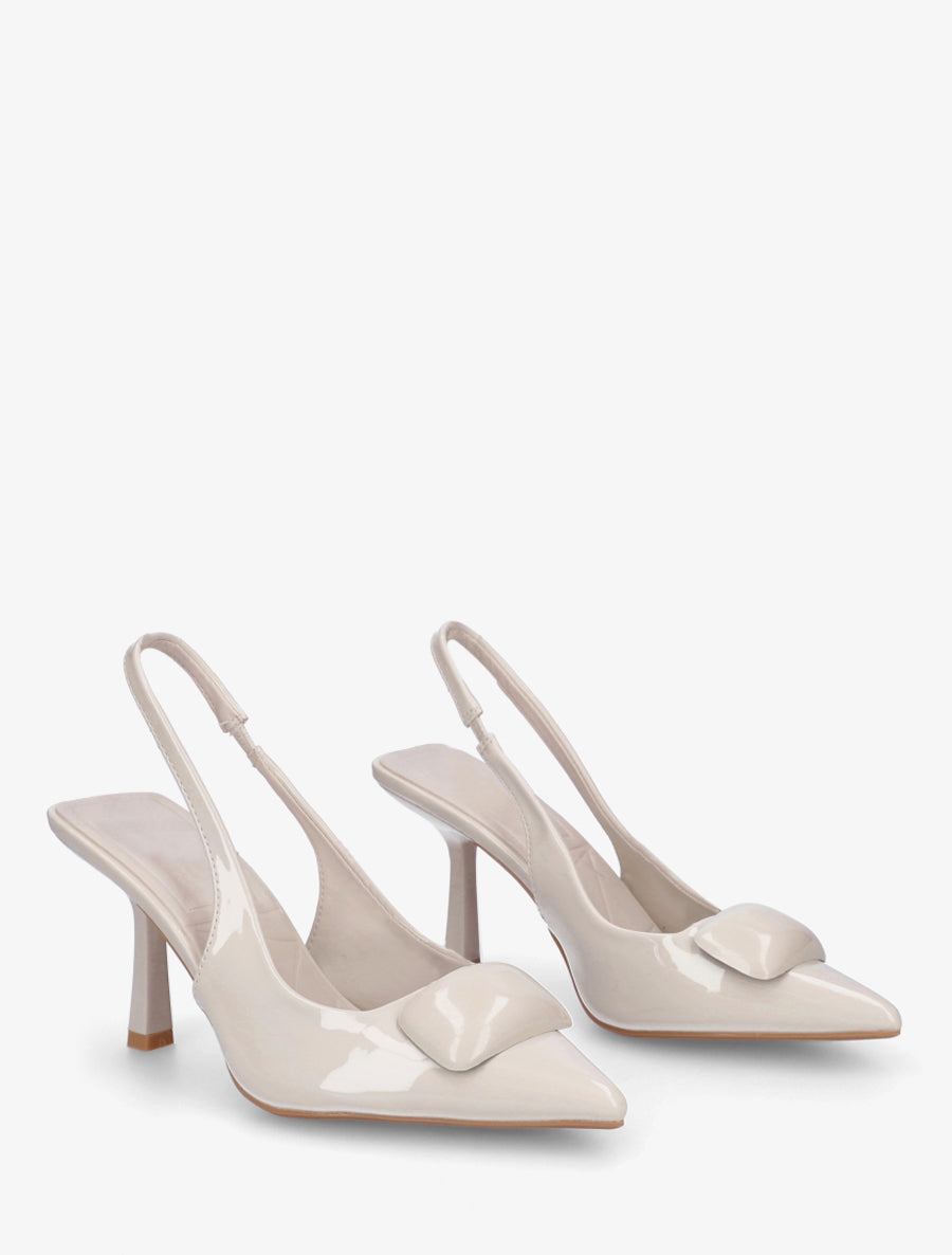 Escarpins à talon ouvert et empiècement bijou - Beige - 4