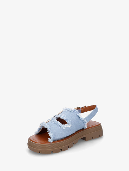 Claquettes en denim à bords effilochés - Bleu ciel - 3