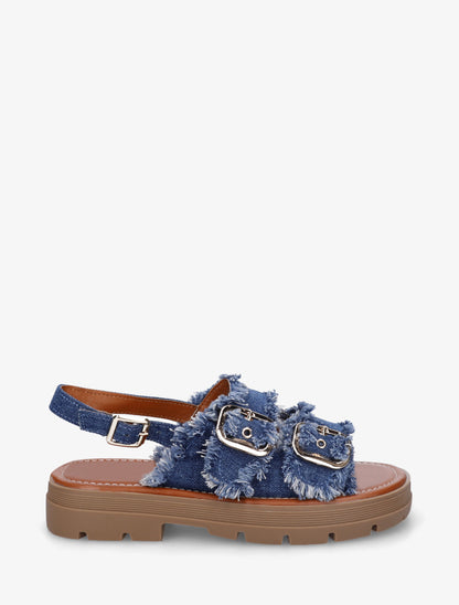 Claquettes en denim à bords effilochés - Bleu denim - 1