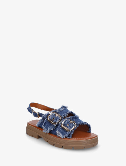 Claquettes en denim à bords effilochés - Bleu denim - 2