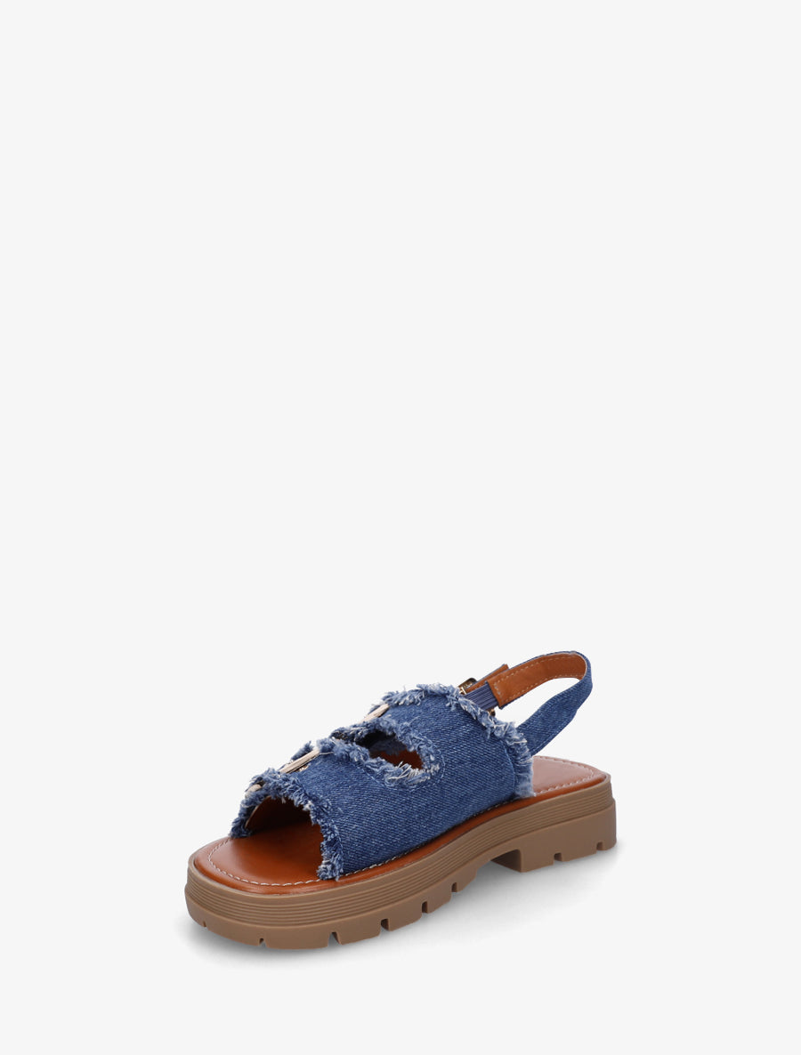 Claquettes en denim à bords effilochés - Bleu denim - 3