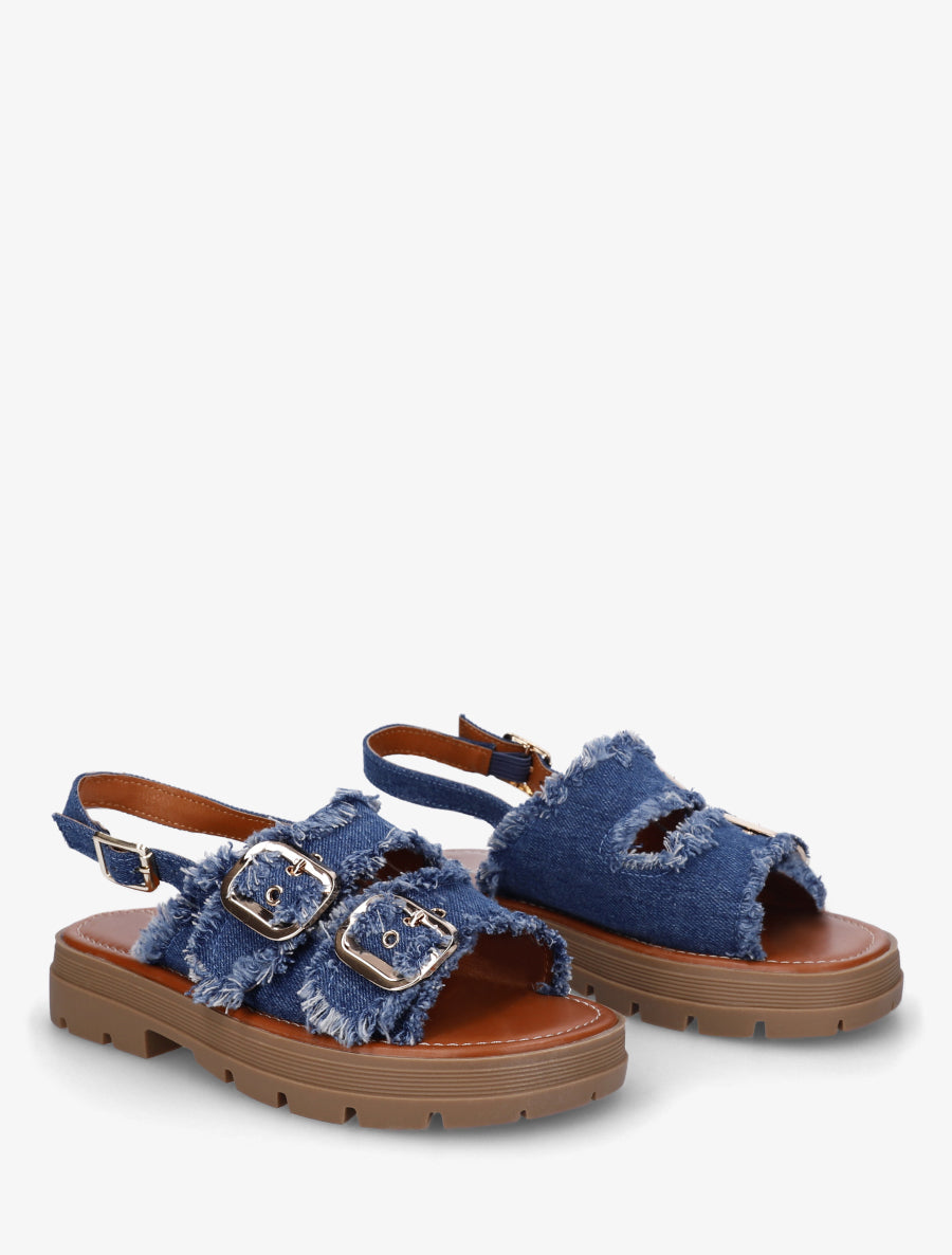 Claquettes en denim à bords effilochés - Bleu denim - 4