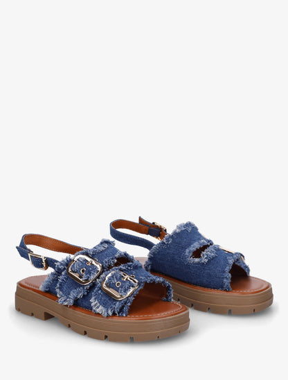 Claquettes en denim à bords effilochés - Bleu denim - 4