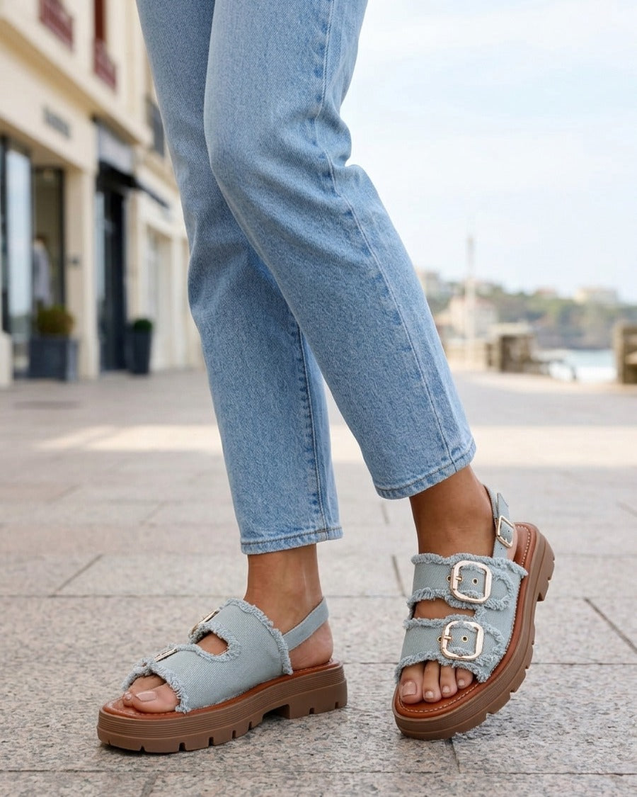 Claquettes en denim à bords effilochés - Vert amande