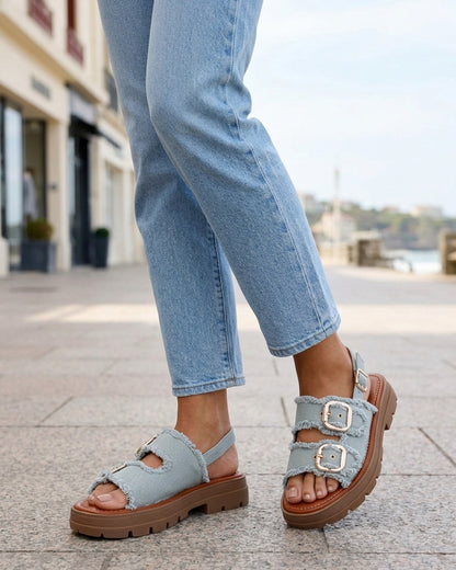 Claquettes en denim à bords effilochés - Vert amande