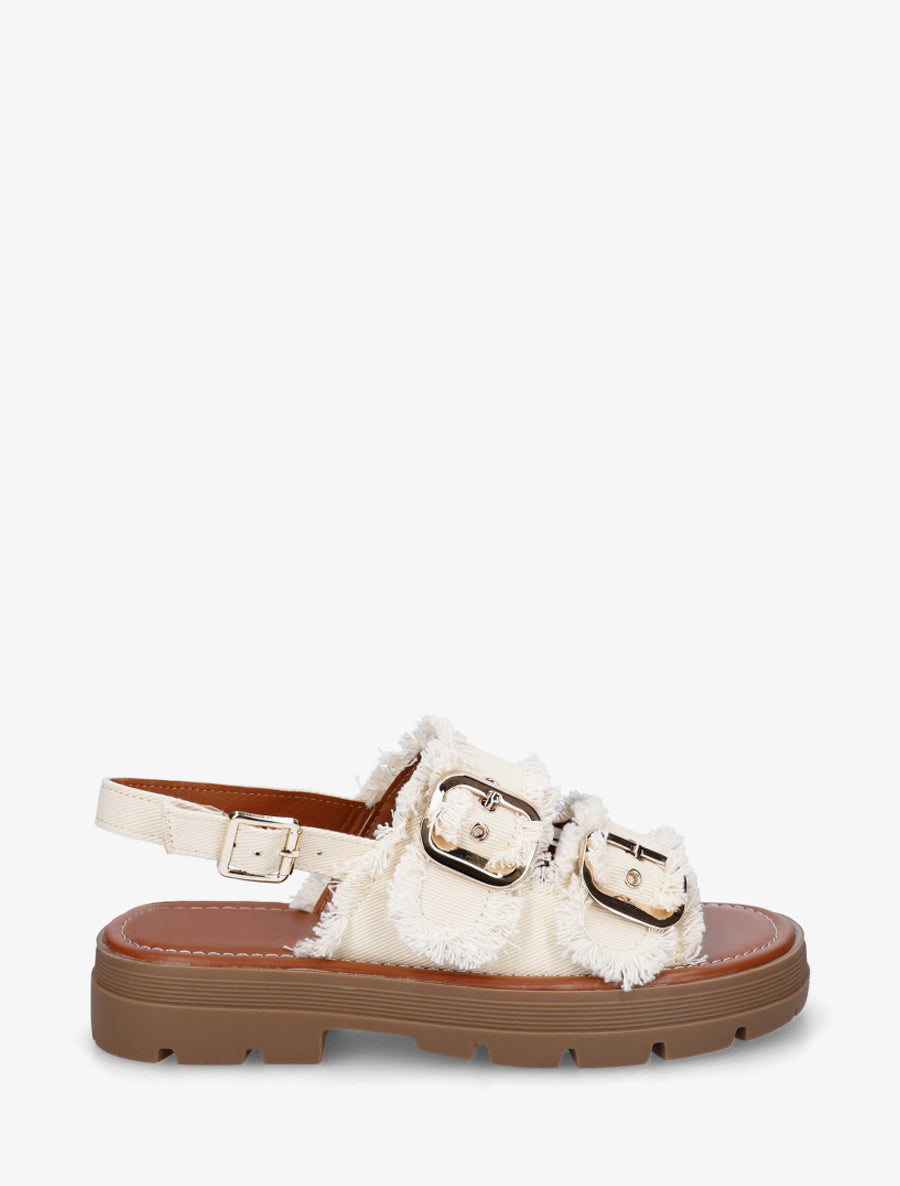 Claquettes en denim à bords effilochés - Beige - 1