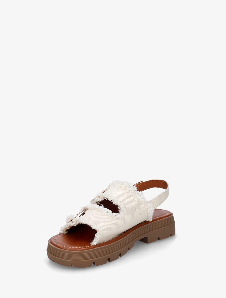 Claquettes en denim à bords effilochés - Beige - 3