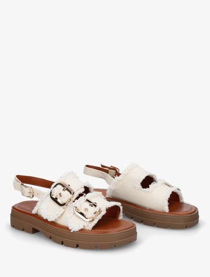 Claquettes en denim à bords effilochés - Beige - 4