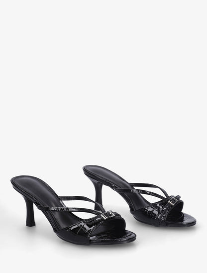 Mules vernies à bride à motif croco - Noir - 4