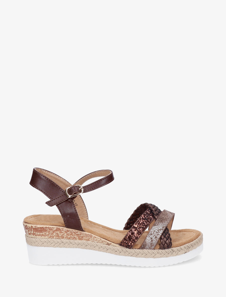 Sandales compensées à brides fantaisies pailletées - Marron - 1