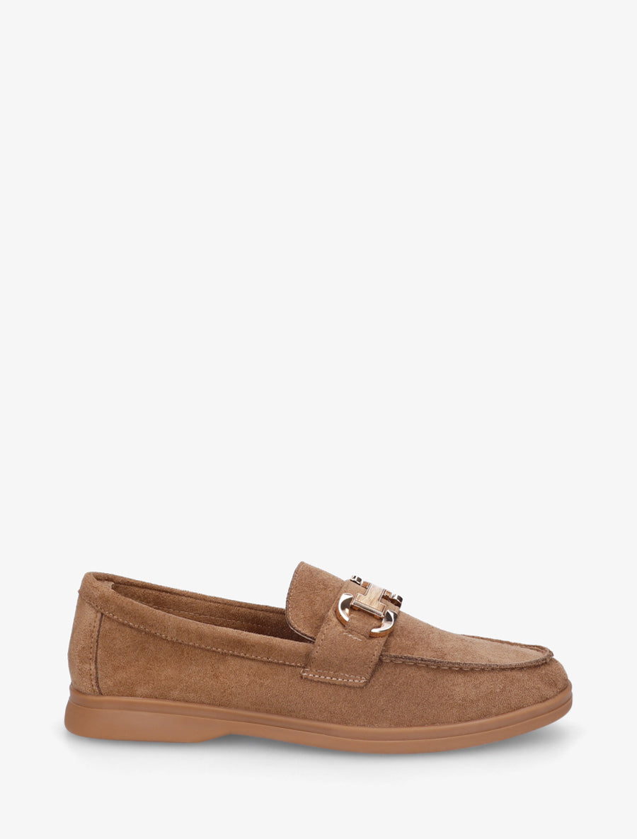 Mocassins en suédine à boucle et semelle plate - Camel - 1